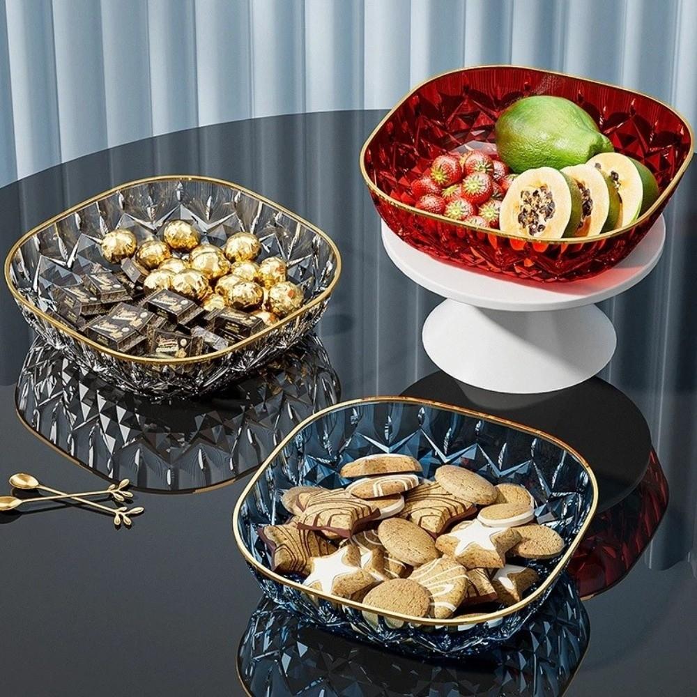 Golden Edge Fruit Bowl Square Transparent Fruit Tray Portable Dessert Biscuit Plate  Household