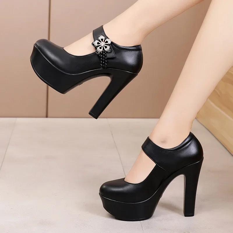 13cm Small Size 32-43 Soft Leather Platform Pumps Silver Wedding Shoes 2025 Womens Block High Heels Shoes Office Model Party