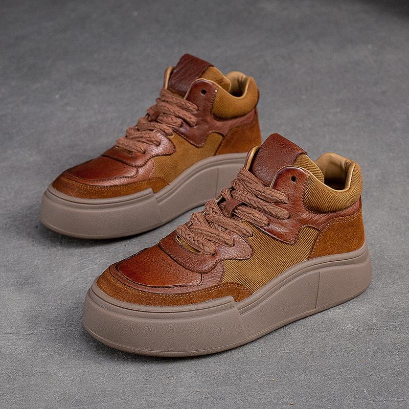 Johnature Chaussures plates décontractées à lacets en cuir véritable à semelles épaisses et bout rond pour femmes, chaussures à plateforme polyvalentes