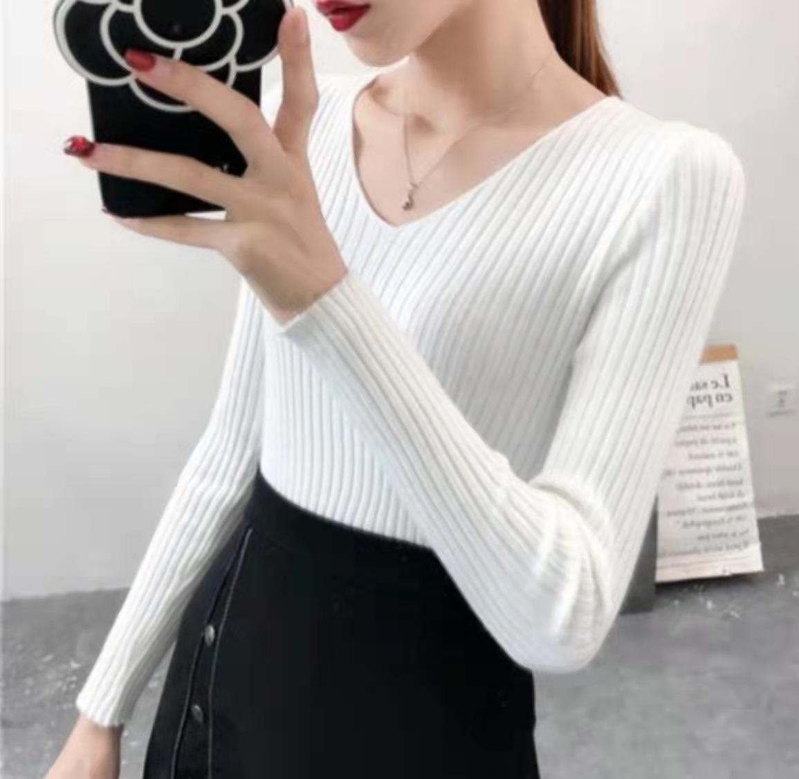 

Autumn and Winter V-neck Long Sleeved Women Knitted Sweater Slim-fit Pullover Bottoming Shirt Solid Color Casual Simple Inner Sweater Women s Clothing One Size білий