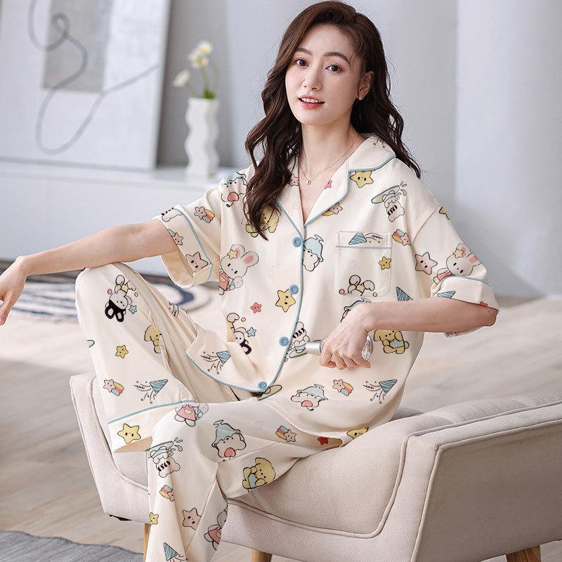 Summer Pajamas Female Cute Cartoon Short-Sleeved Trousers Casual Comfortable Cardigan Loungewear Suit Can Be Worn Outside