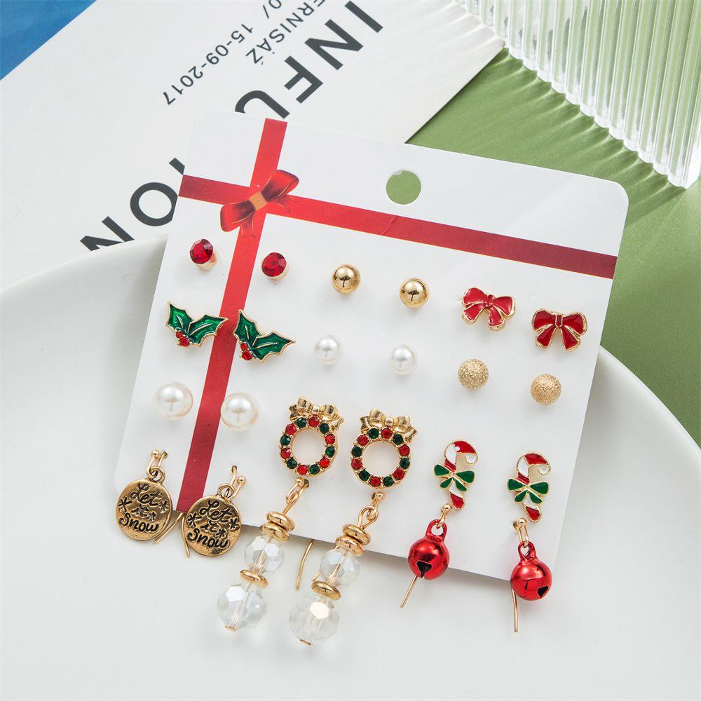 Christmas Earring Set: Santa Claus, Bell, and Tree Drop Oil Studs - 12-Piece Gift Collection
