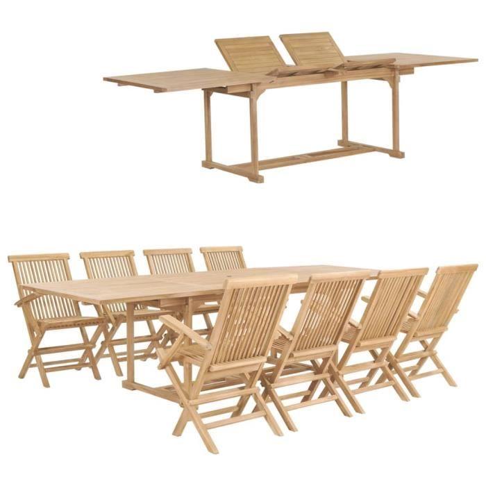 VidaXL Meuble à dîner de jardin 9 pcs 180-280x100x75 cm Teck massif