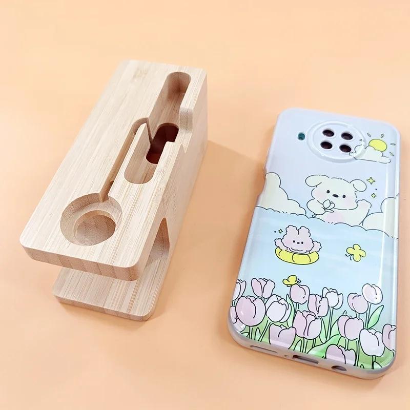 Bamboo Phone Holder Station Dock Wood Charge Stand for Apple Watch Series 1 2 3 Compatible with 42mm 38mm Charger Cable