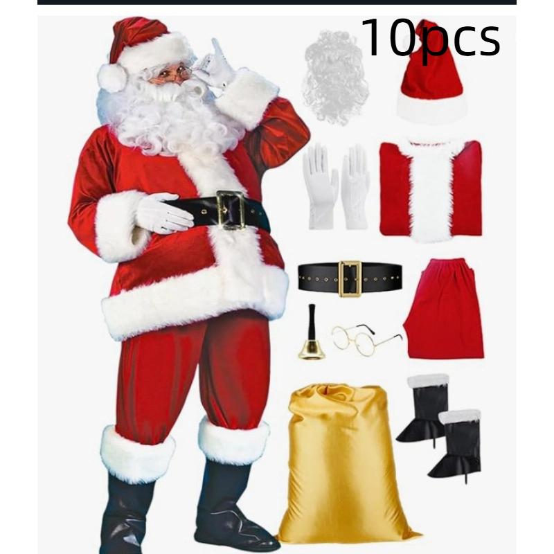 

10pcs Santa Costume Set Unisex Adult Christmas Outfit Festival Atmosphere Stage Drama Performance Party Clothing Red Color XXL