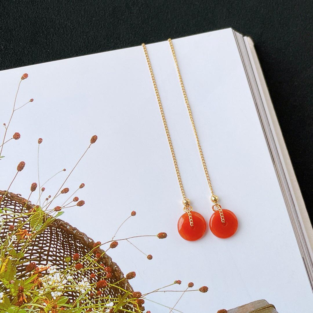 Natural A-Grade Red Jade Earrings with 14k Gold Plated Ear Wires in Simple Chinese Style