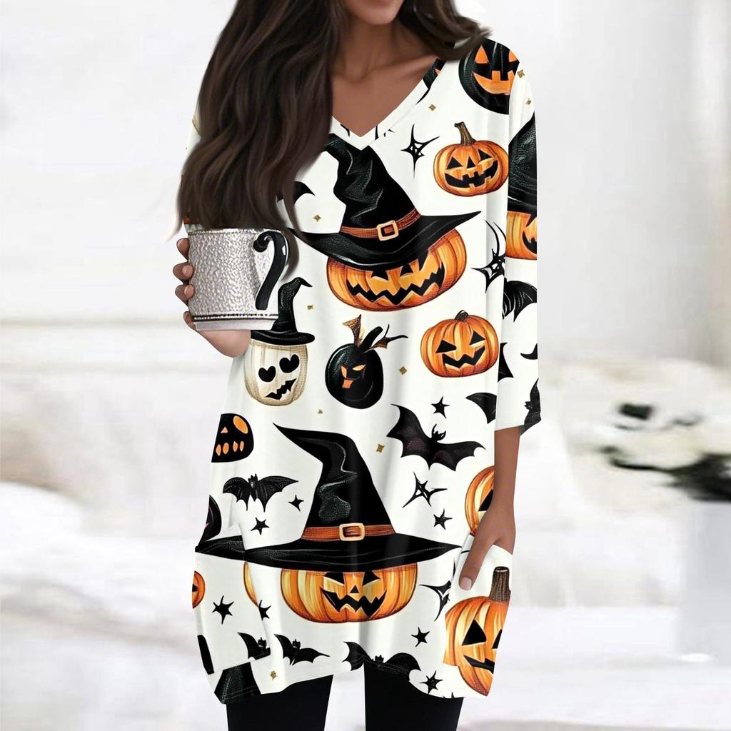 Womens Tops V-neck 3/4 Sleeve Blouses Casual Mid-length Shirts Fashion Halloween Print Tunic Tops With Pockets
