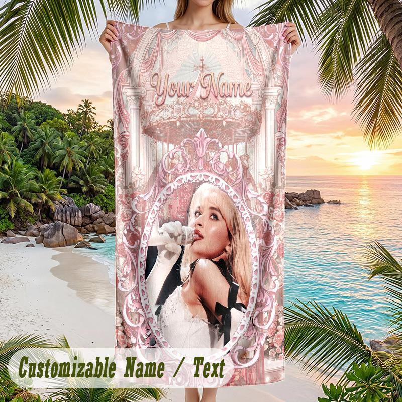 Sabrina Carpenter Beach Towel, Personalized Custom Name Text, Quick Dry Large Absorbent Towel For Beach Pool