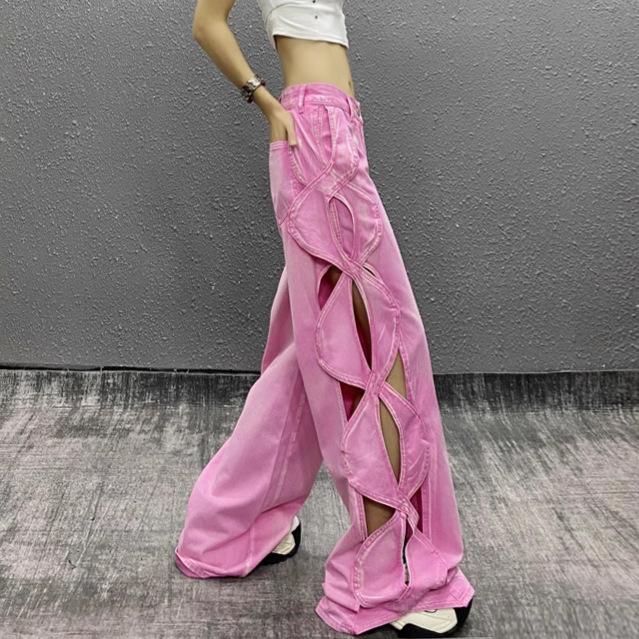 Jeans décontractés à design ajouré personnalisé pour femmes, nouvelle collection été, taille haute, coupe ample et fine, polyvalents, pantalon large large jusqu'au sol