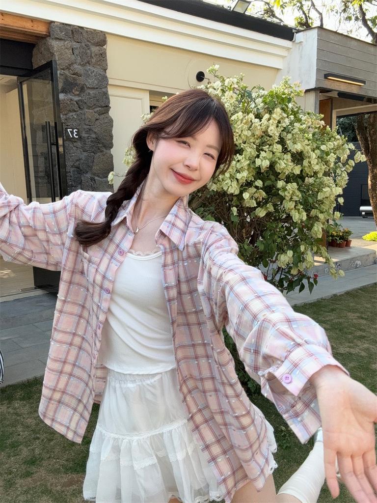 Korean Pink Plaid Shirt for Women, New Spring and Autumn Design, Niche Design Long-sleeve Top, Loose Casual Outerwear Shirt