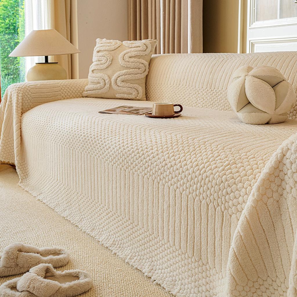 1pc Bohemian Jacquard Warm Tuffed Fleece Sofa Towel, Boho Style Soft Leiusre Thick Blanket for Living Room Couch Sofa Cover