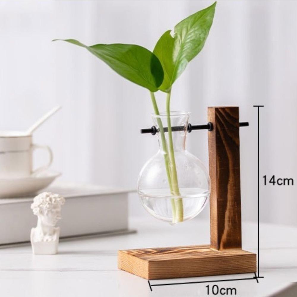 Innovative Hanging Wooden Frame Glass Hydroponic Vase Green Ivy Glass Vase Flower Container Desktop Decoration Ornament
