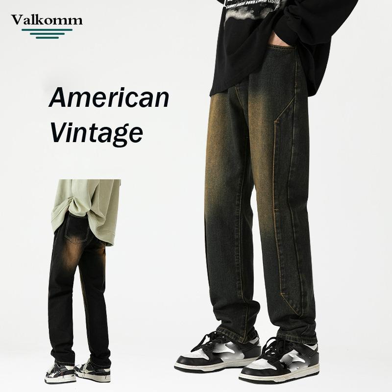 American Retro High Street Jeans Men'S Vibe Style Yellow Mud Dyed Washed Denim Pants Straight Tube Slimming Denim Pants