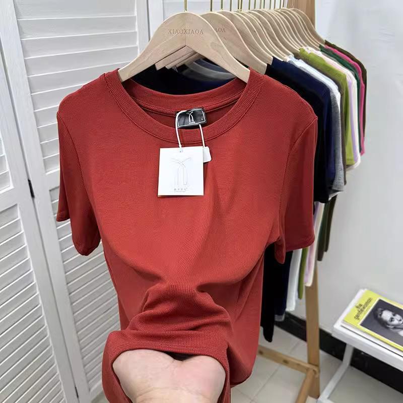 European Plus Size Ribbed Loose Short Sleeve T-shirt, Women's Green Base Layer Blouse