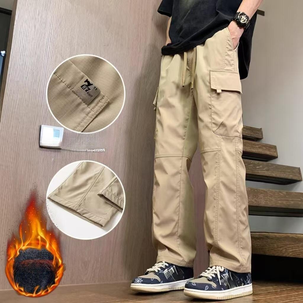 Men's Spring Autumn Loose Sports Straight Leg Outdoor Hiking Long Pants American Style Fleece Lined Cargo Casual Pants