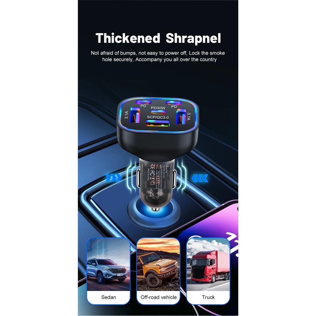 63W 6 In 1 PD Fast Charging Car Charger USB Quick Charge3.0 for IPhone 16 15 Samsung Xiaomi Type-C Car Phone Charger Adapter In Car