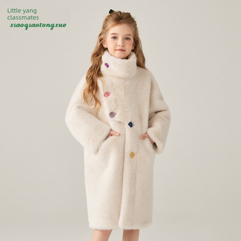 Children s Fur Coat, Mid-Length, New Autumn and Winter Style, Girls Faux Mink Fur, Little Girls Fur Integrated Coat Creamy White 90