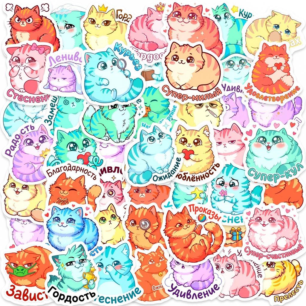 50 Soft Cute Multi-Colored Cat Stickers, Russian Mood Labels, Skateboard Water Cup Suitcase Decorative Stickers