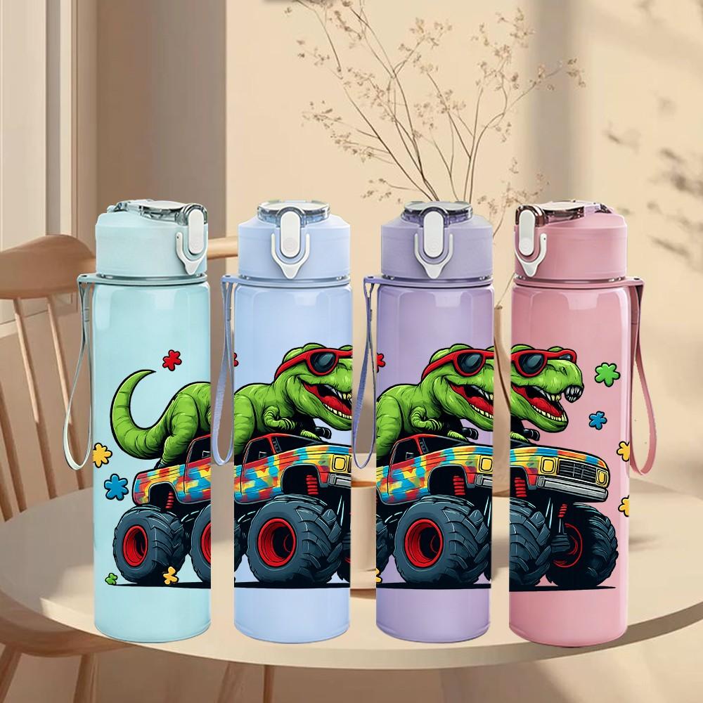1PC Dinosaur Monster Truck Cartoon 750ml Color Plastic Sports Water Bottle Leakproof Flip Straw Lid Suitable for Sports Office Home Use