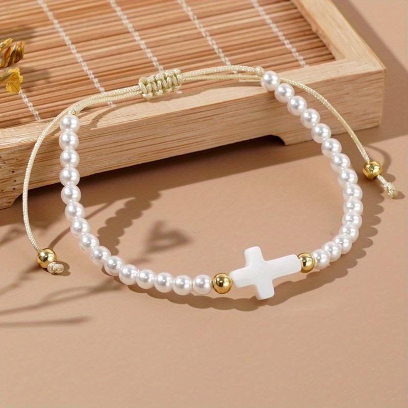 Women's Handmade Woven Bracelet, Bohemian Style, White Faux Pearl Cross Charm, Adjustable Bracelet