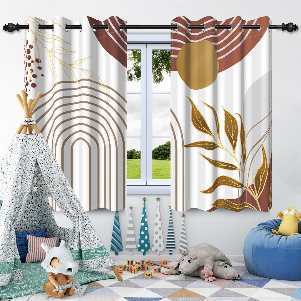 2Pcs Bohemian Style Curtains Plants Leaf Geometric Pattern Blackout Curtains Boho Window Curtain for Bedroom Apartment Decor