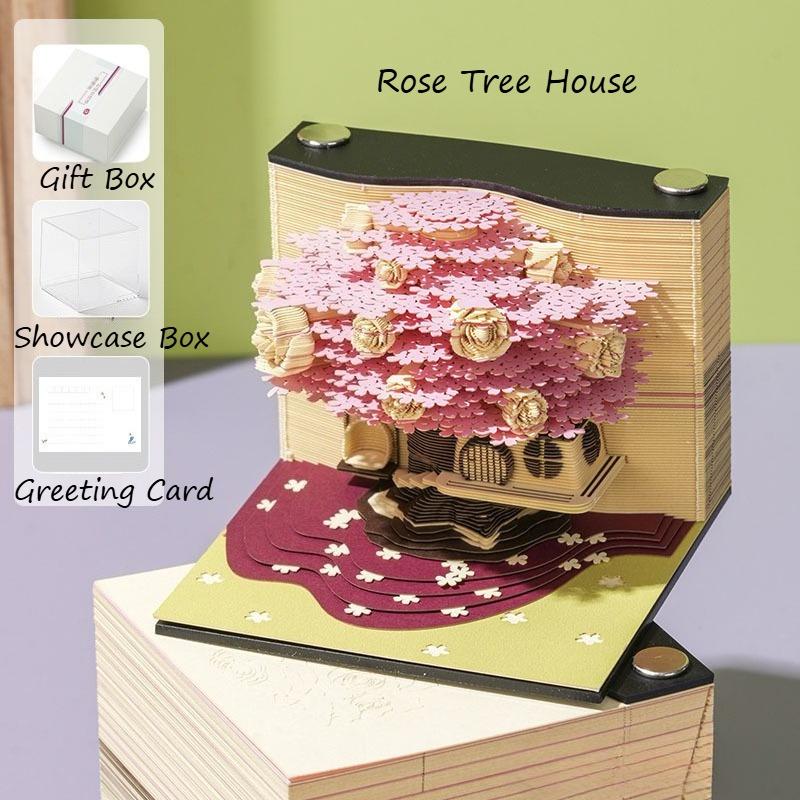 3D Paper Sculpture Rose Tree House Notepad - Handmade Tearable Memo Pad & Desk Art Gift for Birthday Home Decor