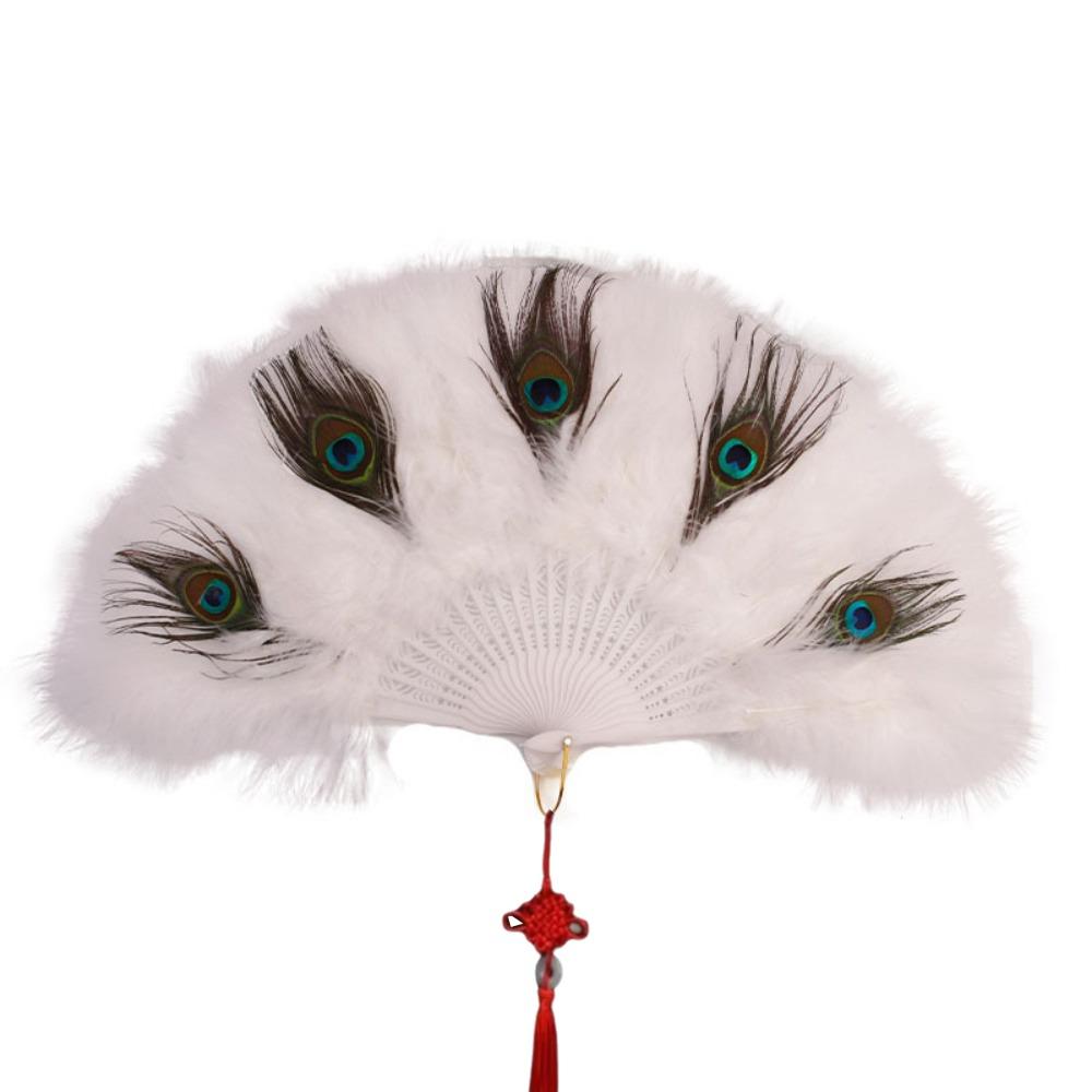 Handheld Peacock Feather Fan With Tassel Feather Dance Fan Folding Hand Fan  Home Decoration