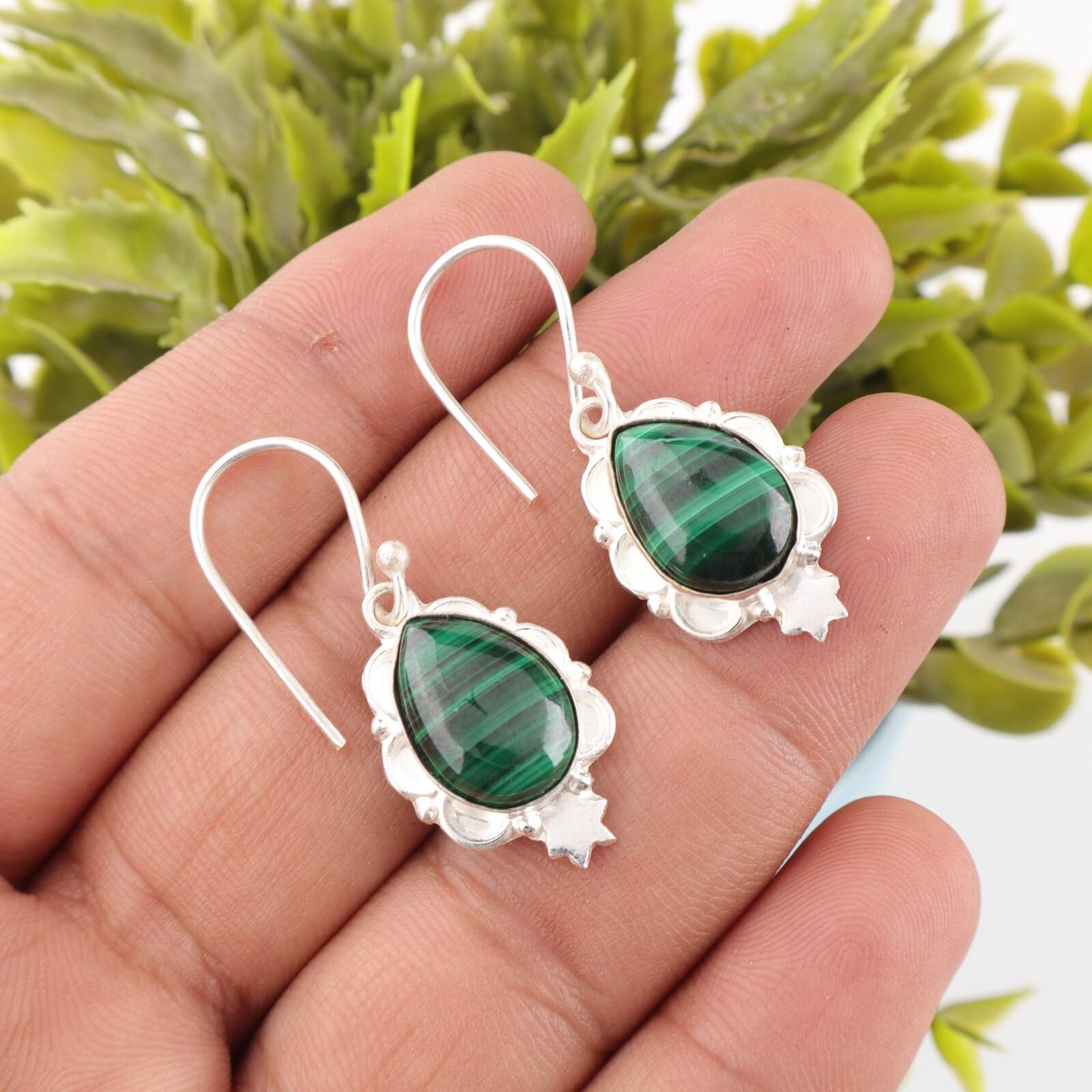 

Malachite Gemstone 925 Fine Silver Jewelry Handmade Women Earrings 1.6 For Gift EE-163-28