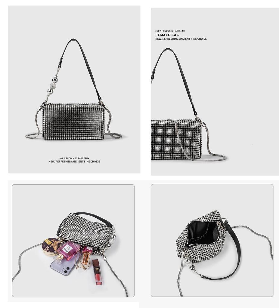 OIUYUE Rhinestone Mini Shoulder Bag, Women's Pochette, Sparkly Handbag, Shoulder Bag with Chain, Korean Style, Casual, Crossbody Bag, 2-Way (Free
