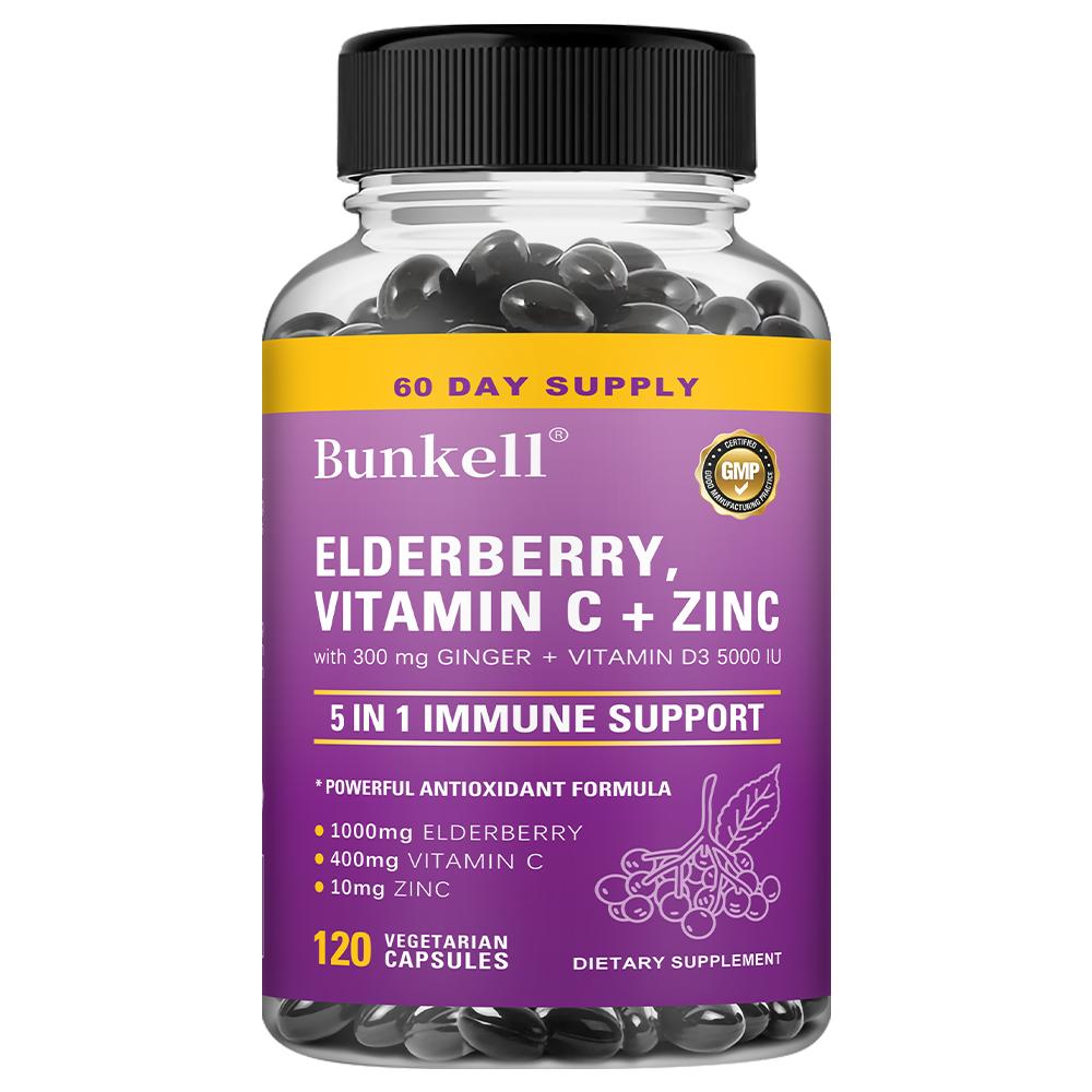 

Elderberry, Vitamin C + Zinc Dietary Supplement, With 300 Mg Ginger + Vitamin D3 5000 IU 120 Capsules