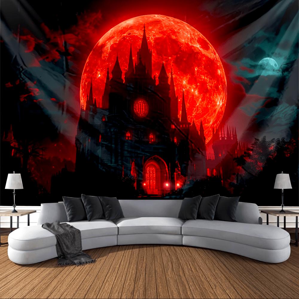 Scarlet Blood Moon Gothic Pointed Castle Tapestry Night Mist Ghost Castle Wall Cloth Party Decoration 100X70CM