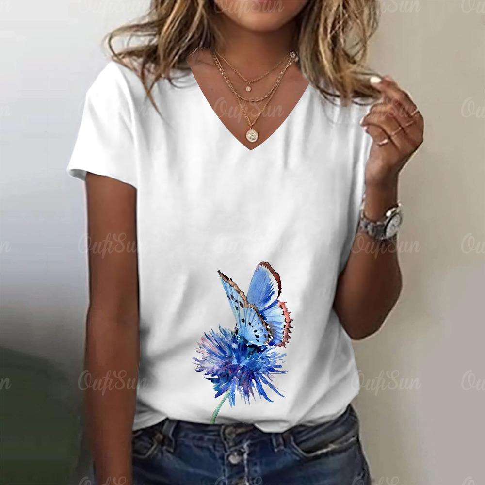 New Women T-shirt Simple Graphic Print Oversized Women's Trending Clothing Fashion Short Sleeve Shirt Women V-Neck Blouse 2024