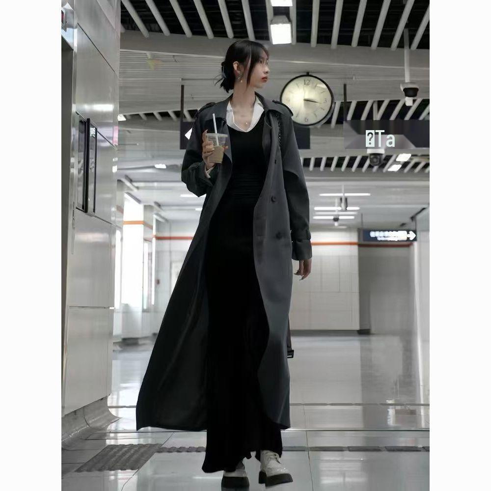 Damen Extra Langer Grauer Trenchcoat - Frühling/Herbst 2025 Neuer Knöchellanger Übergröße Stil