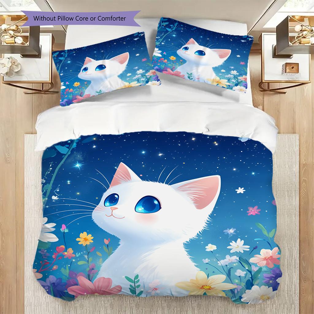 Weißes Katzenmuster Bettwäsche Steppdecke Set Deckenbezug Kissenbezug Heimdekoration Geburtstagsgeschenk (1 Bettbezug + 2 Kissenbezüge, ohne Füllung)