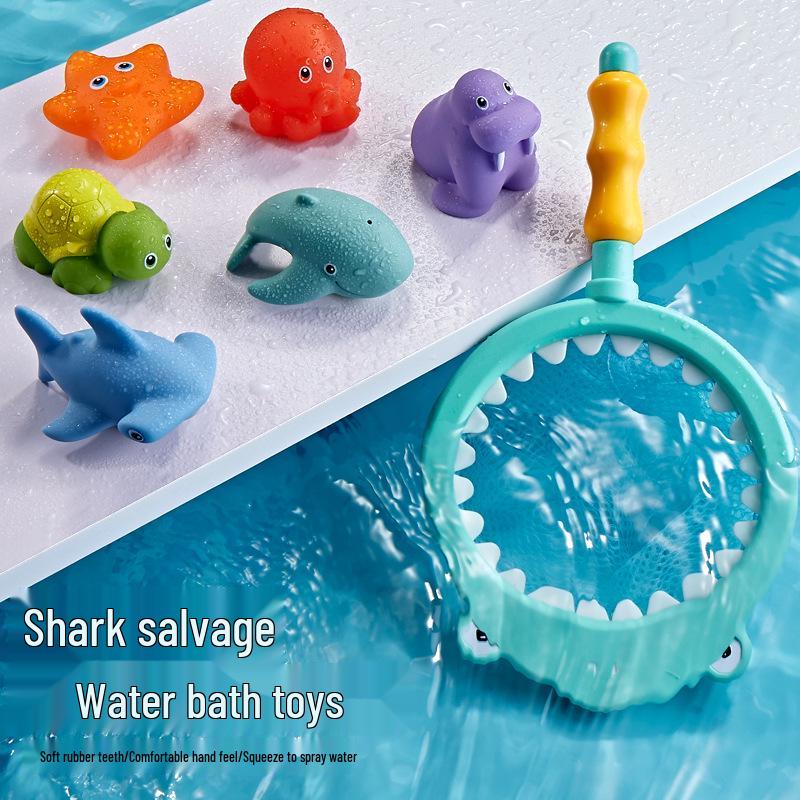 Cross-Border Baby Bath Toys Set: Turtle, Shark, and Animal Squeeze Toys with Water-Squirting and Floating Features.