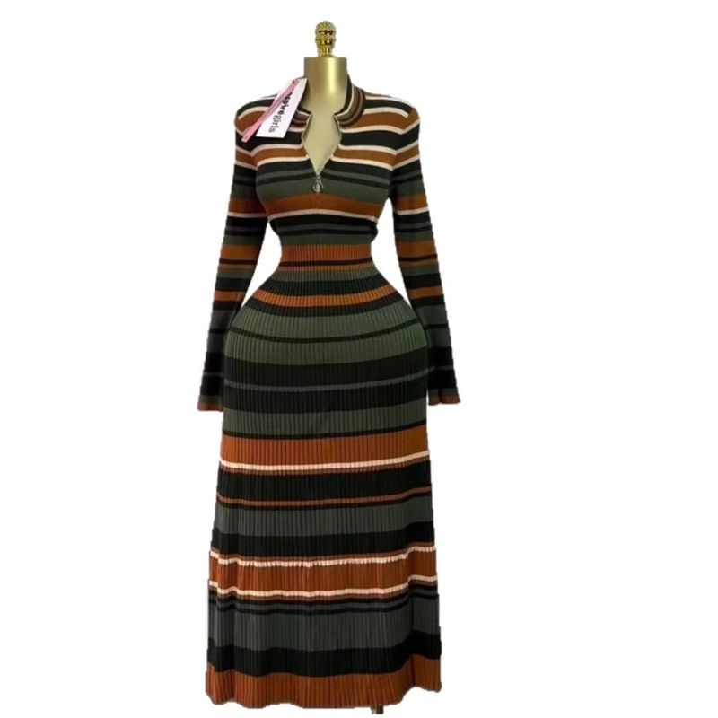 

European and American New Fashion Casual Loose Striped Knitted Long sleeve dress Loose Striped Dress Stripes One size