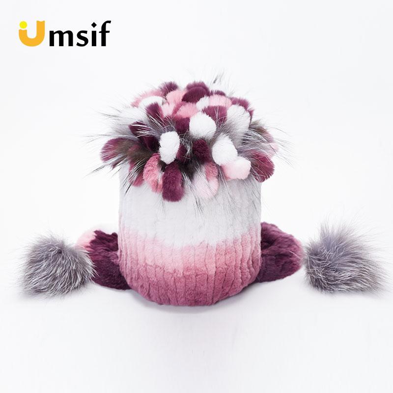 2019 Winter Bomber Hats for Women Rex Rabbit Fur Beanies Hat With Pompoms Women's Warm Knitted Hat Skullies Beanies Female Caps