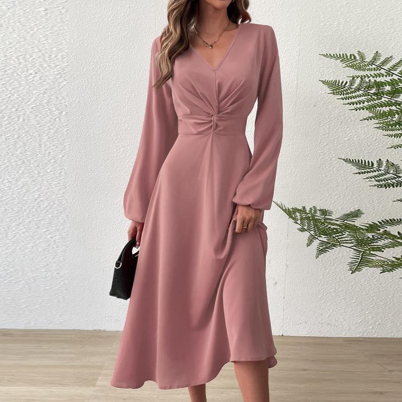 Spring and Summer Fashion V-Neck Lantern Long Sleeved Dress with Twisted Edges, Elegant Mid Length Dress
