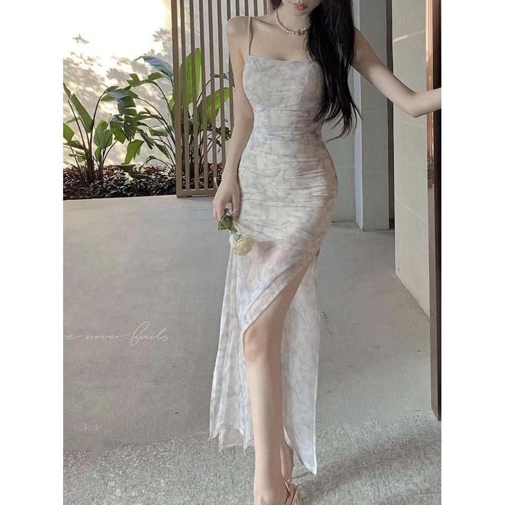 Slip Dress Women's Summer Slim and Slim Temperament, Unique Mesh Tie-dye Slit Hip Skirt