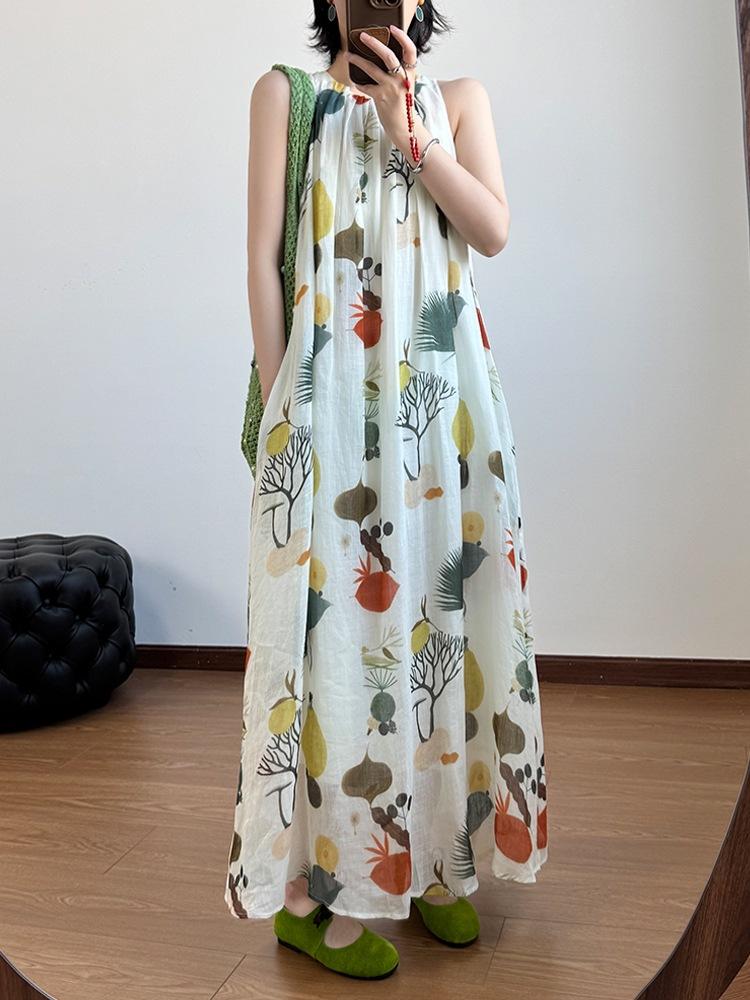 

2025 лето новое платье с принтом из хлопка и льна с длинным воротником, женское свободное и тонкое праздничное классное платье средней и длинной длины 2XL