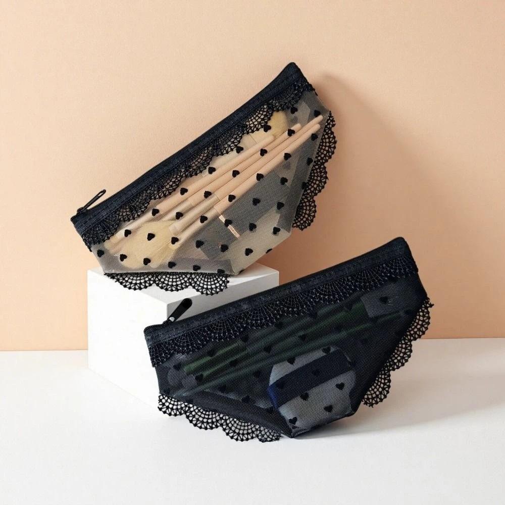 New Briefs Shape Cosmetic Bag Lace Heart Transparent Makeup Storage Pouch Y2K Mesh Toiletry Bag Storage for Travel