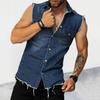 Revers Ärmellose Weste Jacke Einreiher Pattentaschen Quaste Herren Sommer Einfarbig Denim