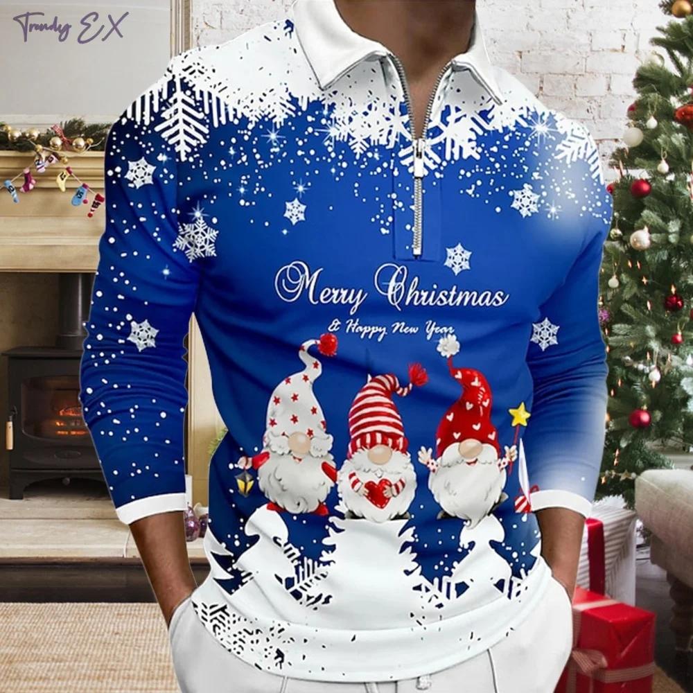 Weihnachts-Poloshirt für Herren Grafikdruck Lässig Revers Golfbekleidung Herren T-Shirt Oberteile Mode Sport Langarm Herrenbekleidung