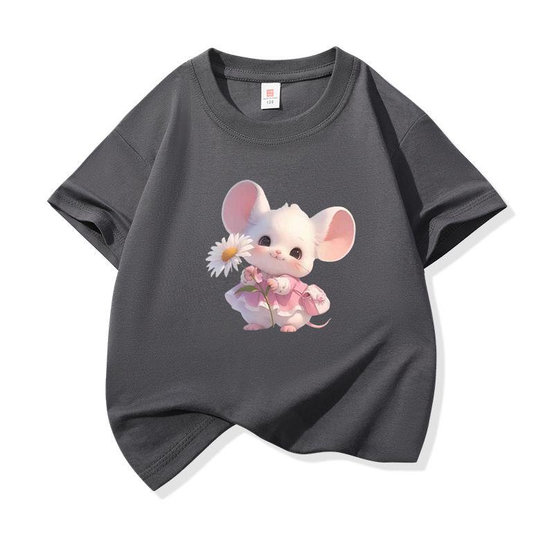 Kids Cotton T Shirt Cute Mouse Holding Daisy Print Crew Neck Short Sleeve Tee Casual Boys Girls Summer Tops