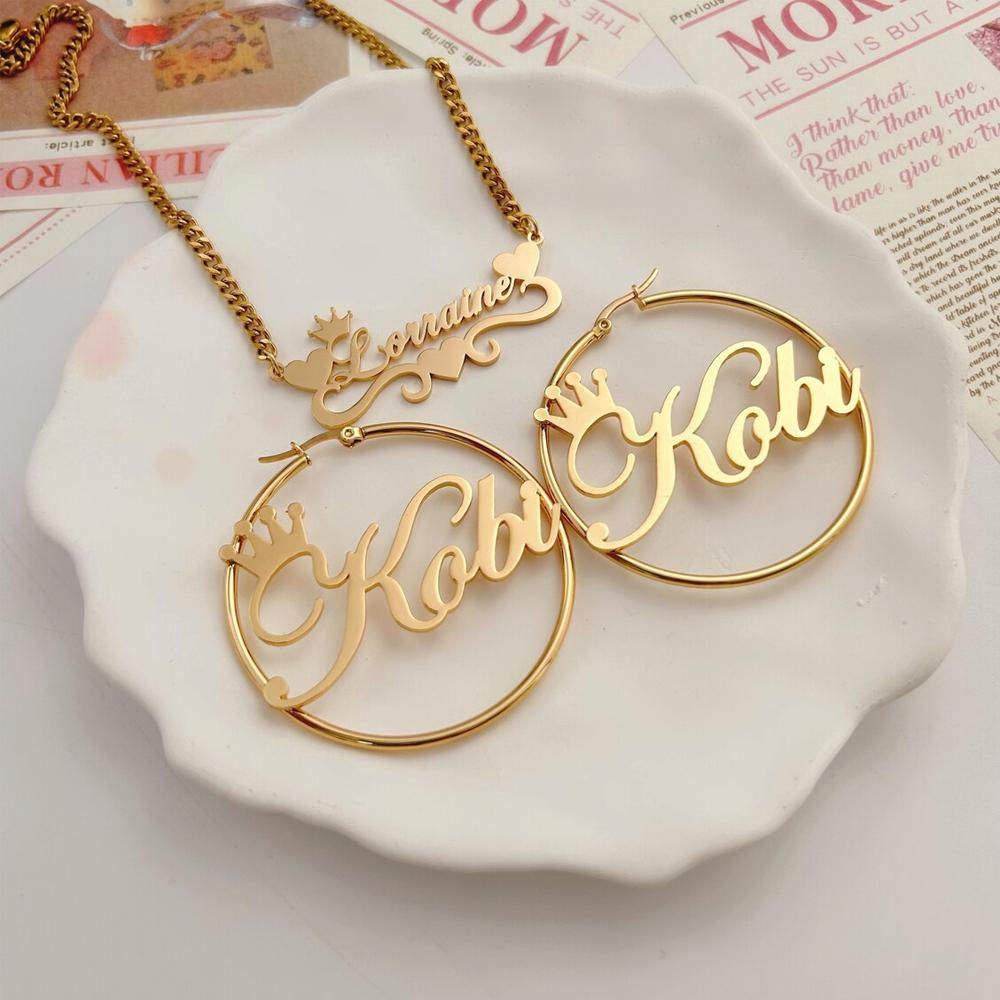 

Atoztide Custom Name Necklace Bamboo Earring Jewelry Set For Women Men Personalized Stainless Steel Cuban Chain Birthday Gift 30mm earring&30cm necklace