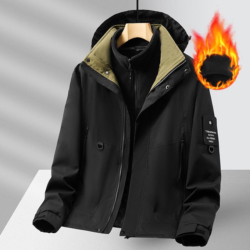 Men's Waterproof Hooded Windbreaker with Fleece Inner Layer - Plus Size, Softshell Jacket for Spring, Autumn, and Winter.