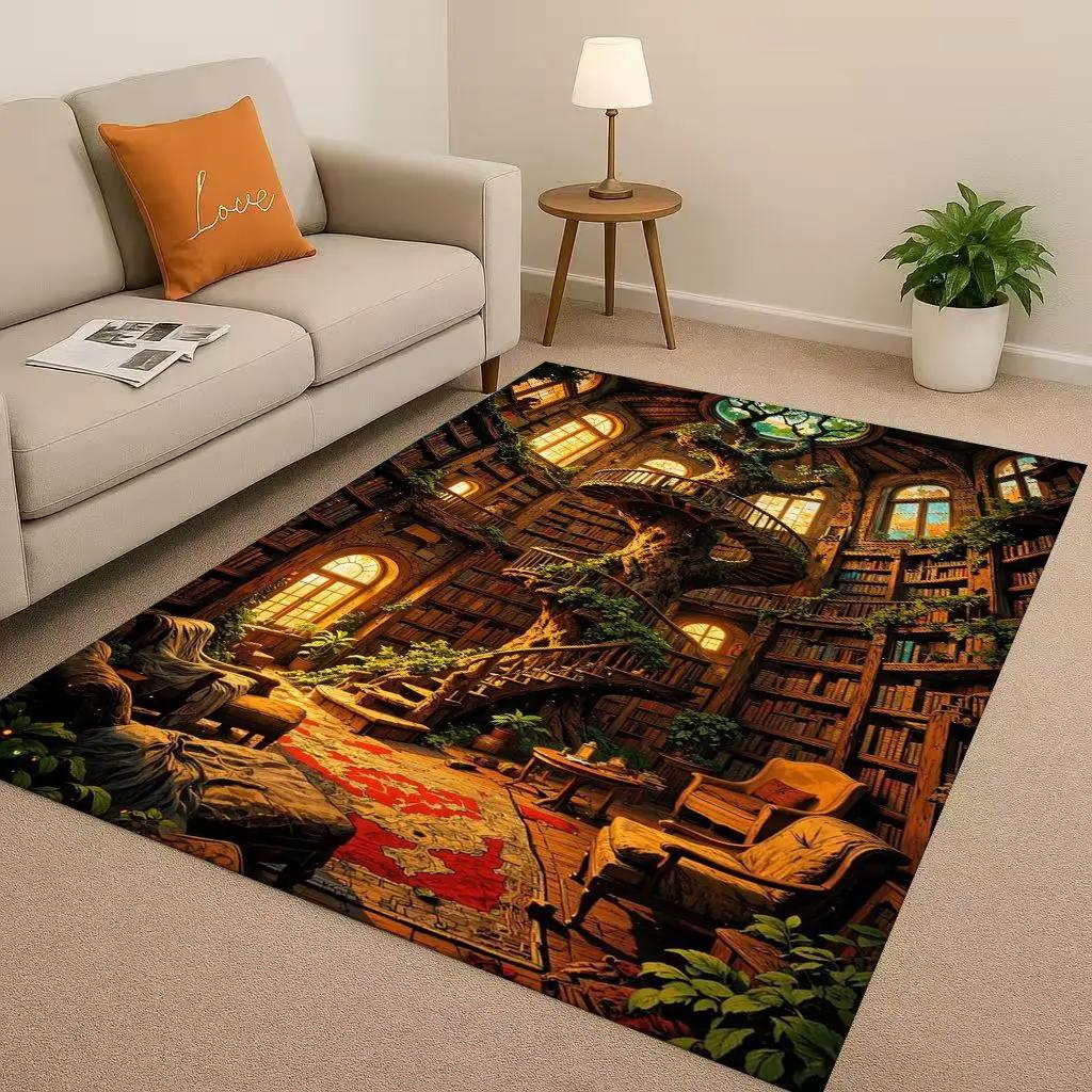 Magic Book Library Bookshelf Living Room Non-Slip Area Rug Soft Carpet for Bedroom Sofa Easy Clean Home Doormat Playmat Mat