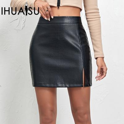 Women's Fashion Crocodile Print Split PU Leather Zip Short Skirt Sexy High Waist A-line Solid Colour Hip Skirt
