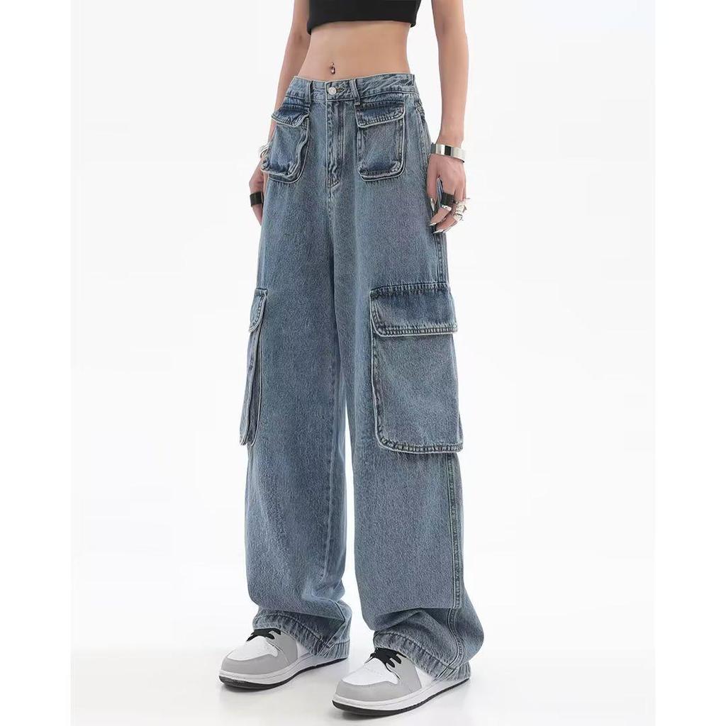 Women's American Hip-Hop Multi-Pocket Wide-Leg Jeans - Loose Fit, Straight-Leg Trousers