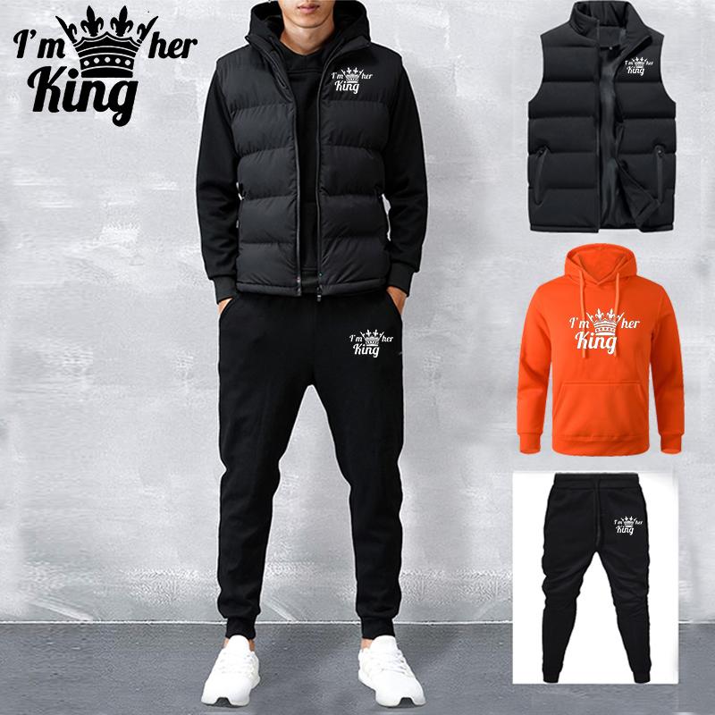 Men's Tracksuit New Autumn and Winter Solid Color  Printed Hoodie + Vest + Pants Three-piece Set Couple Casual Sportswear
